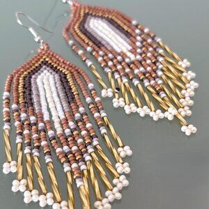 Hand Beaded Neutral Brown Earthy Colors Metallic Gold Tassel Dangle Earrings